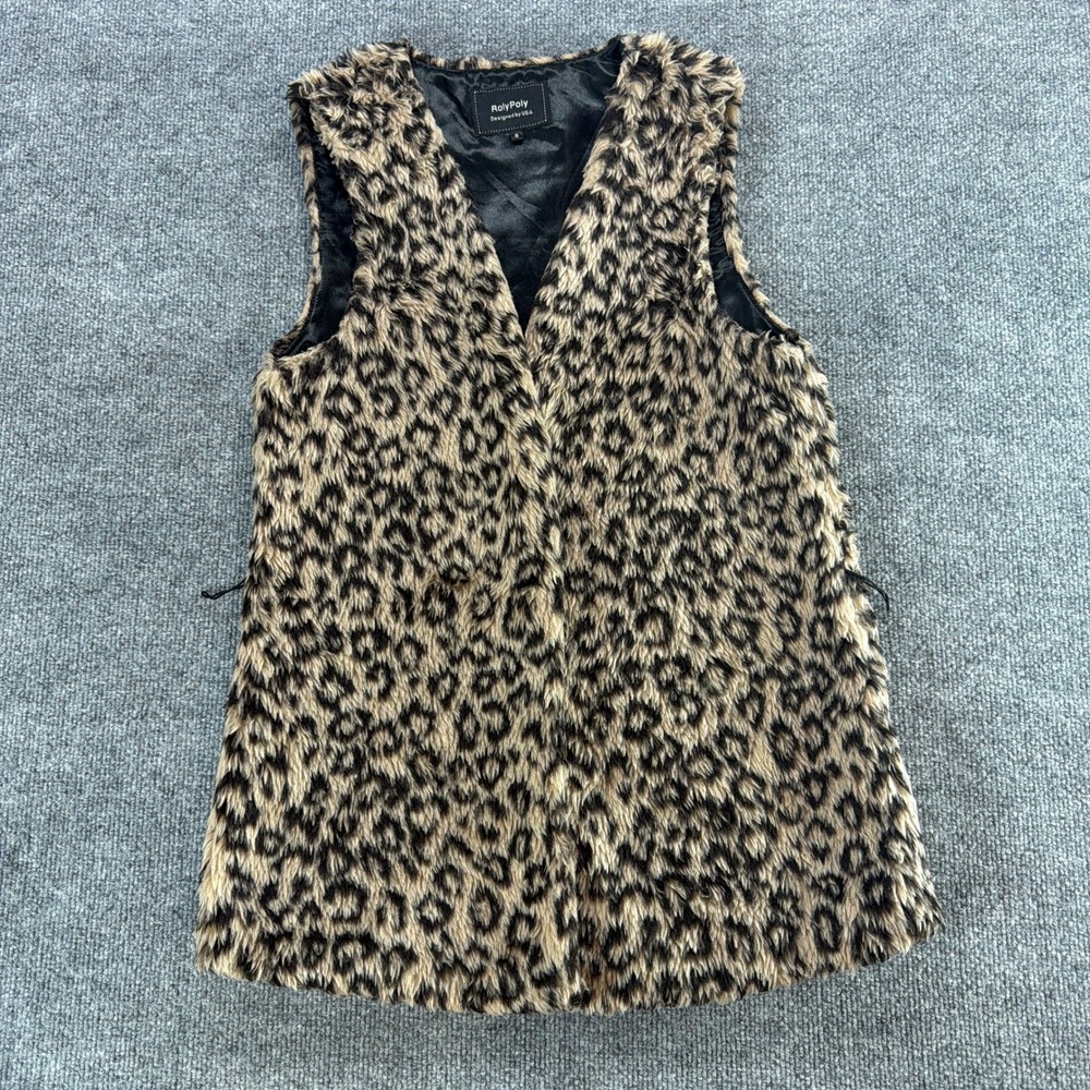 RolyPoly Womens Leopard Print Faux Fur Vest Brown Black Small Fuzzy Fall Party
